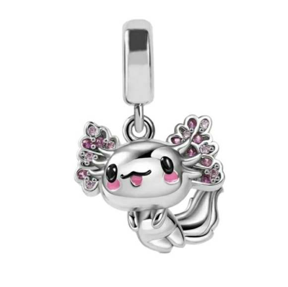Kawaii Axolotl Bracelet Charm Sterling Silver 925 Dangle Charm with Pink - Picture 1 of 5